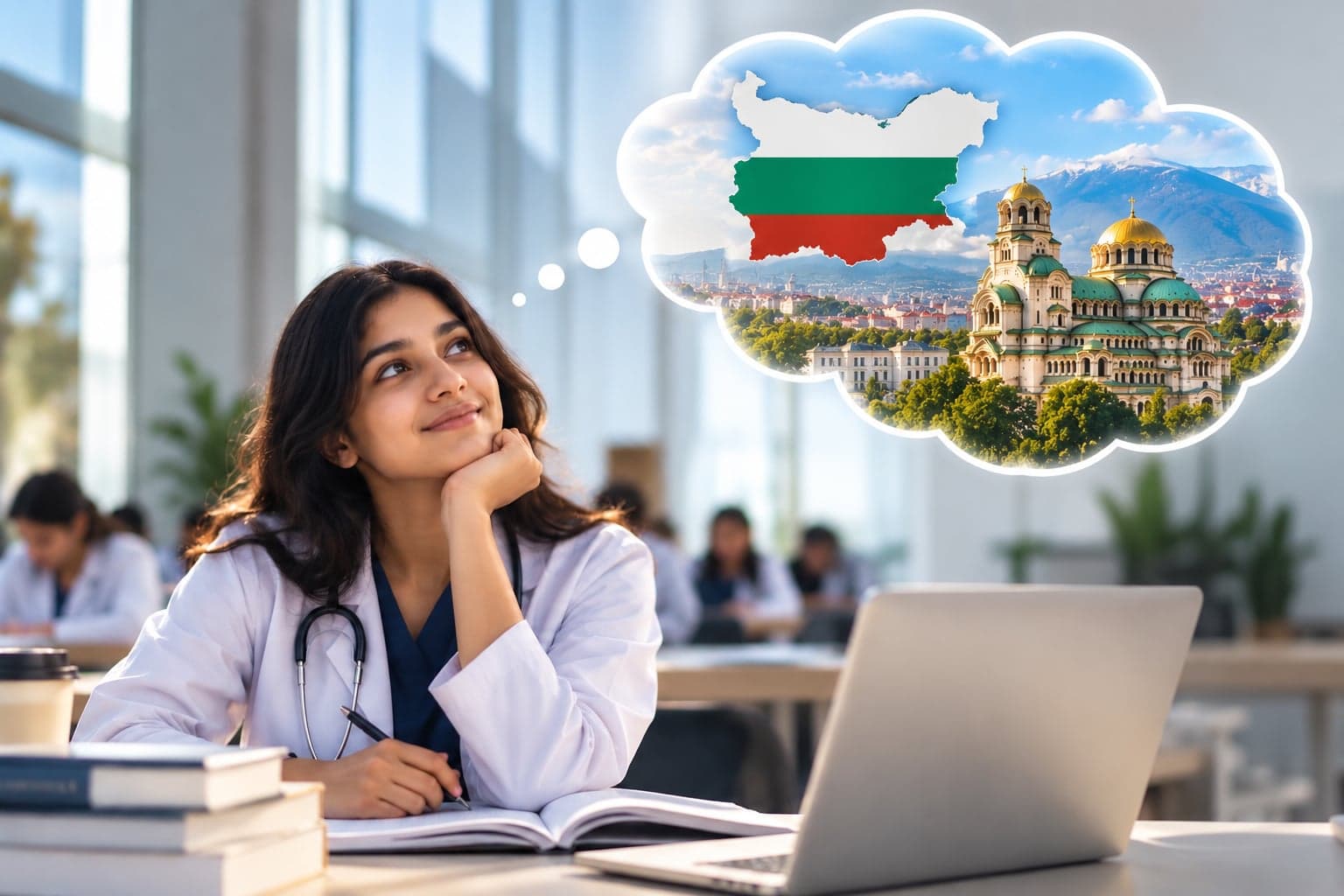 A prospective medical student picturing studying in Bulgaria, with Sofia's Alexander Nevsky Cathedral and the Bulgarian flag shown in an illustrative thought bubble