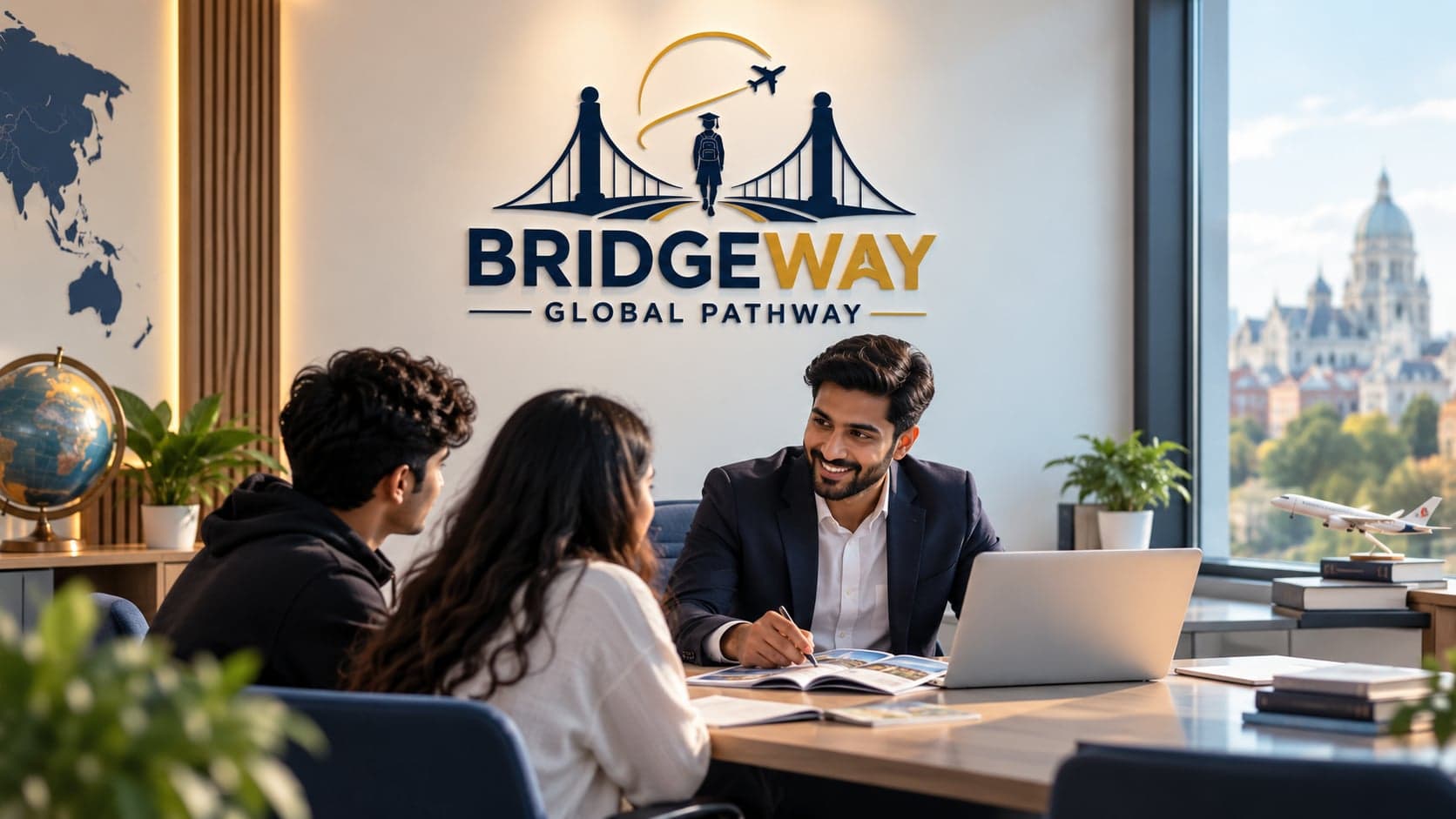 A Bridgeway Global Pathway advisor meeting with a student and their family, beneath the Bridgeway Global Pathway logo