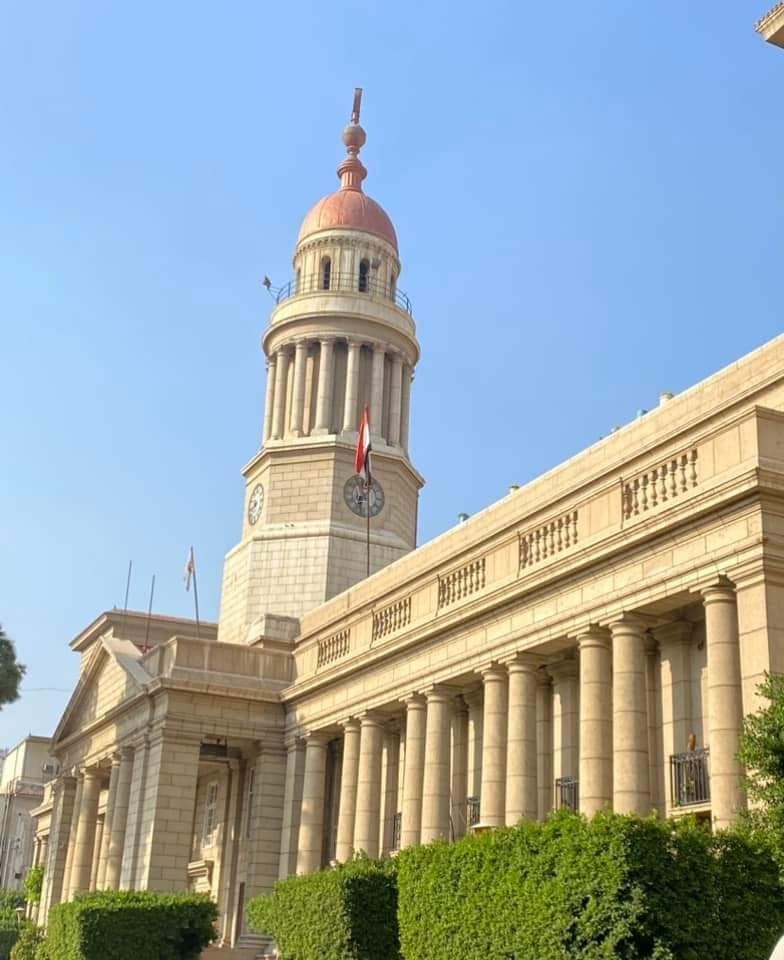 The clock tower and colonnaded main building of Cairo University